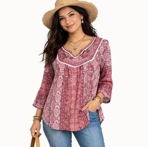 RED CAMEL Size Medium 100%‎ Cotton Beaded Pleated Geometric Pink Floral Blouse